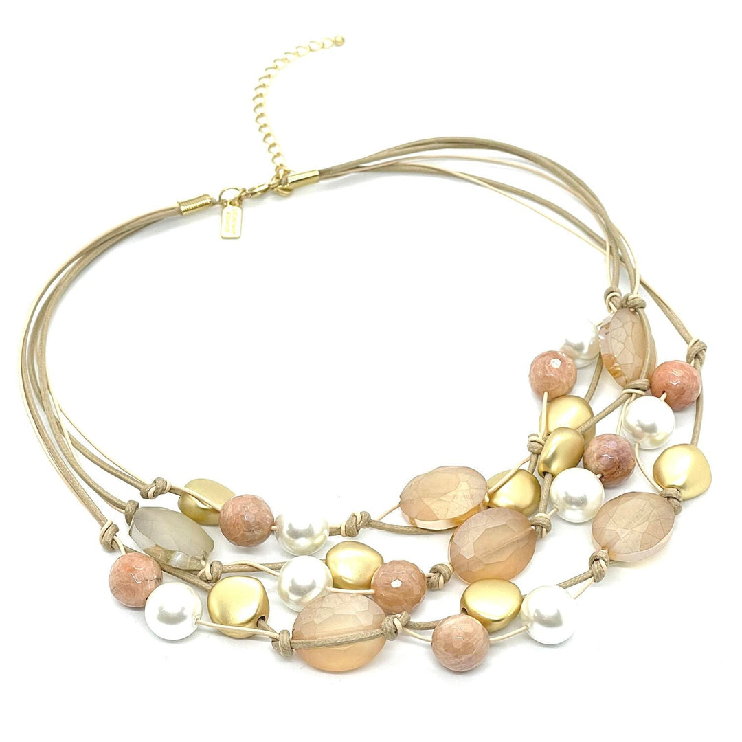 Moonstone, Matte Peach Crystal And Pearl Torsade With Matte Gold Bead