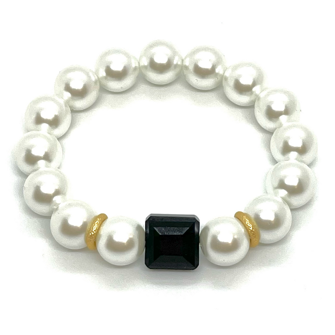 Glass Pearl With Black Square Crystal And Matte Gold Accents Stretch Bracelet