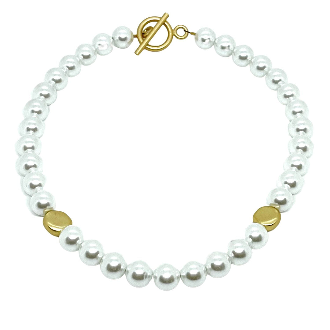 Glass Pearl Beaded Necklace With Matte Gold Nugget Accents