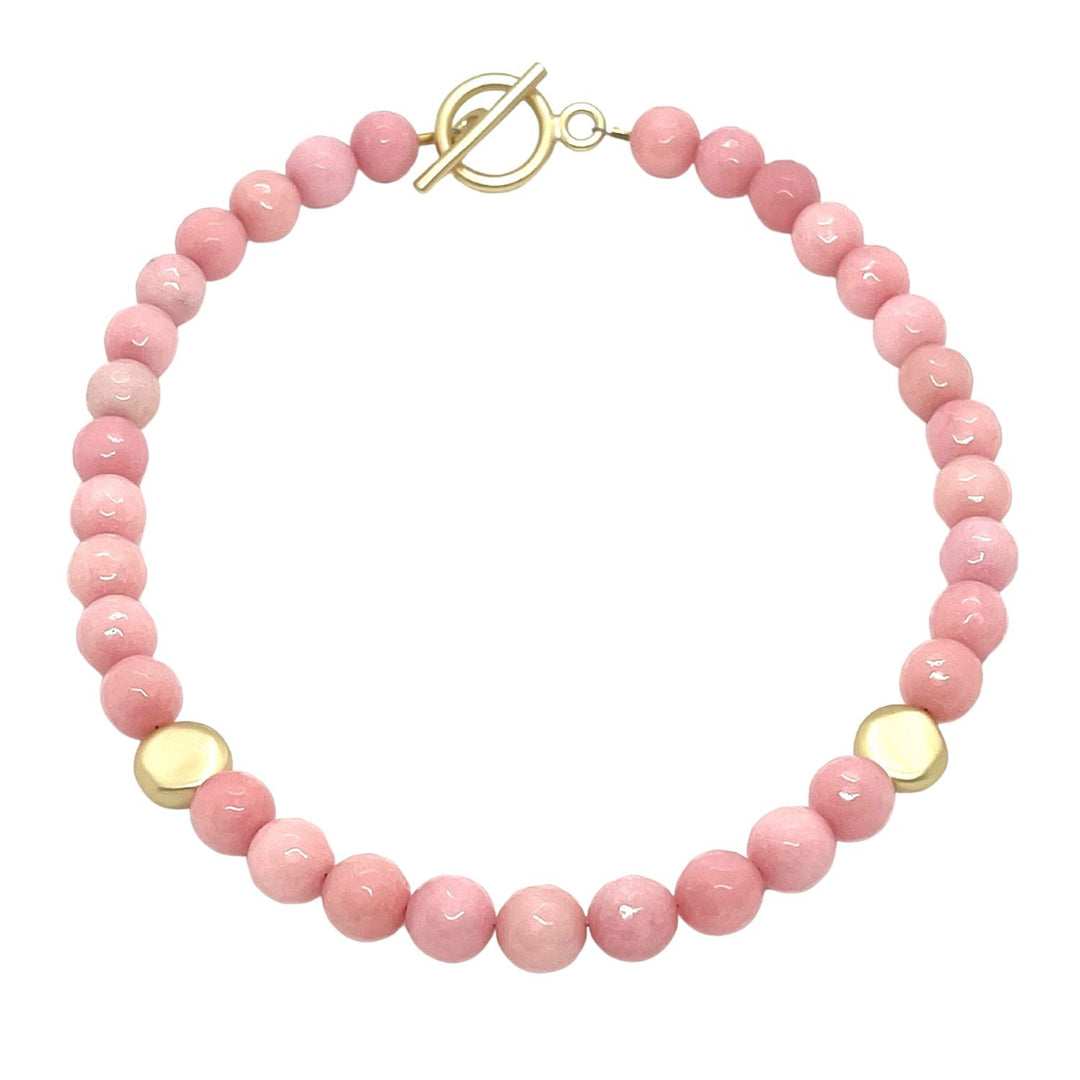 Pink Coral Jade With Matte Gold Flat Bead Necklace