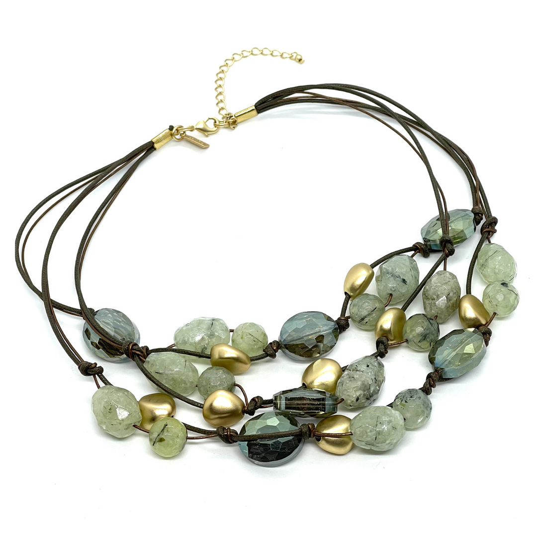 Prehnite and Olive Crystal Torsade on Olive Linen and Bronze Leather
