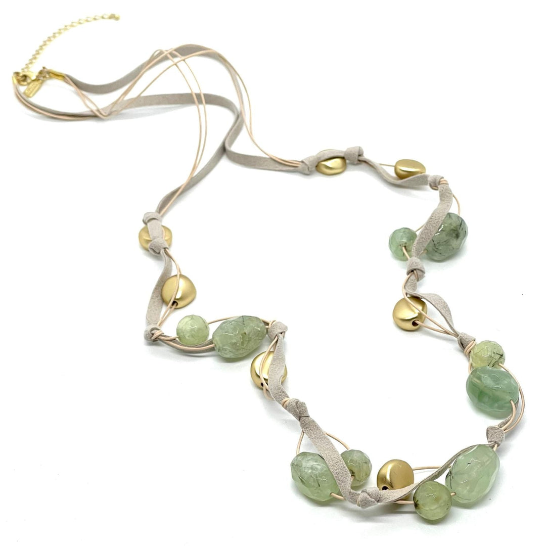 Prehnite and Matte Gold Long Natural Suede Necklace