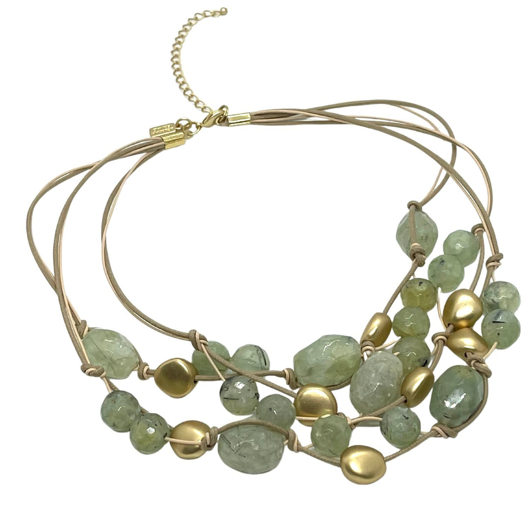 Prehnite and Gold Bead Natural Leather and LinenTorsade Necklace