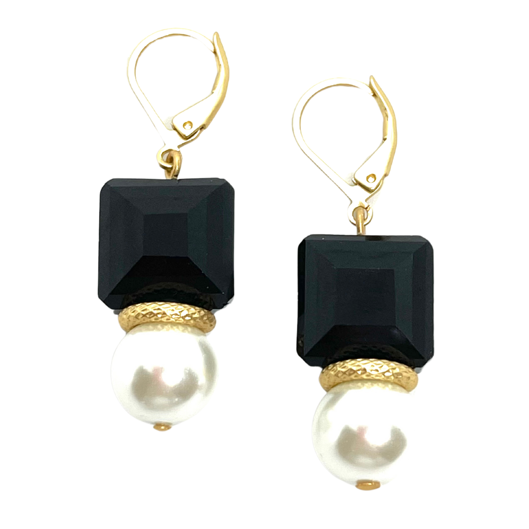 Square Black Crystal And Glass Pearl Matte Gold Earrings