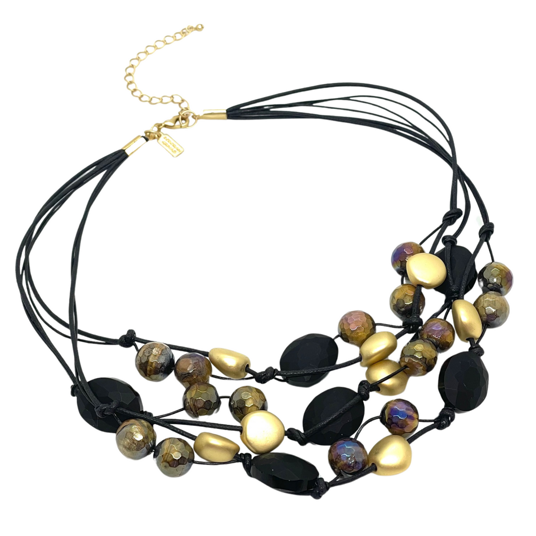 Matte Black Crystal, Brown Tigers Eye Black Linen and Leather Torsade Necklace