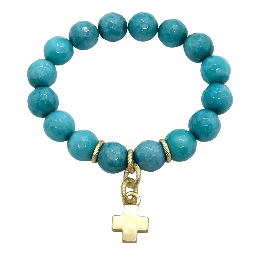 Turquoise Jade Stretch Bracelet With Matte Cross