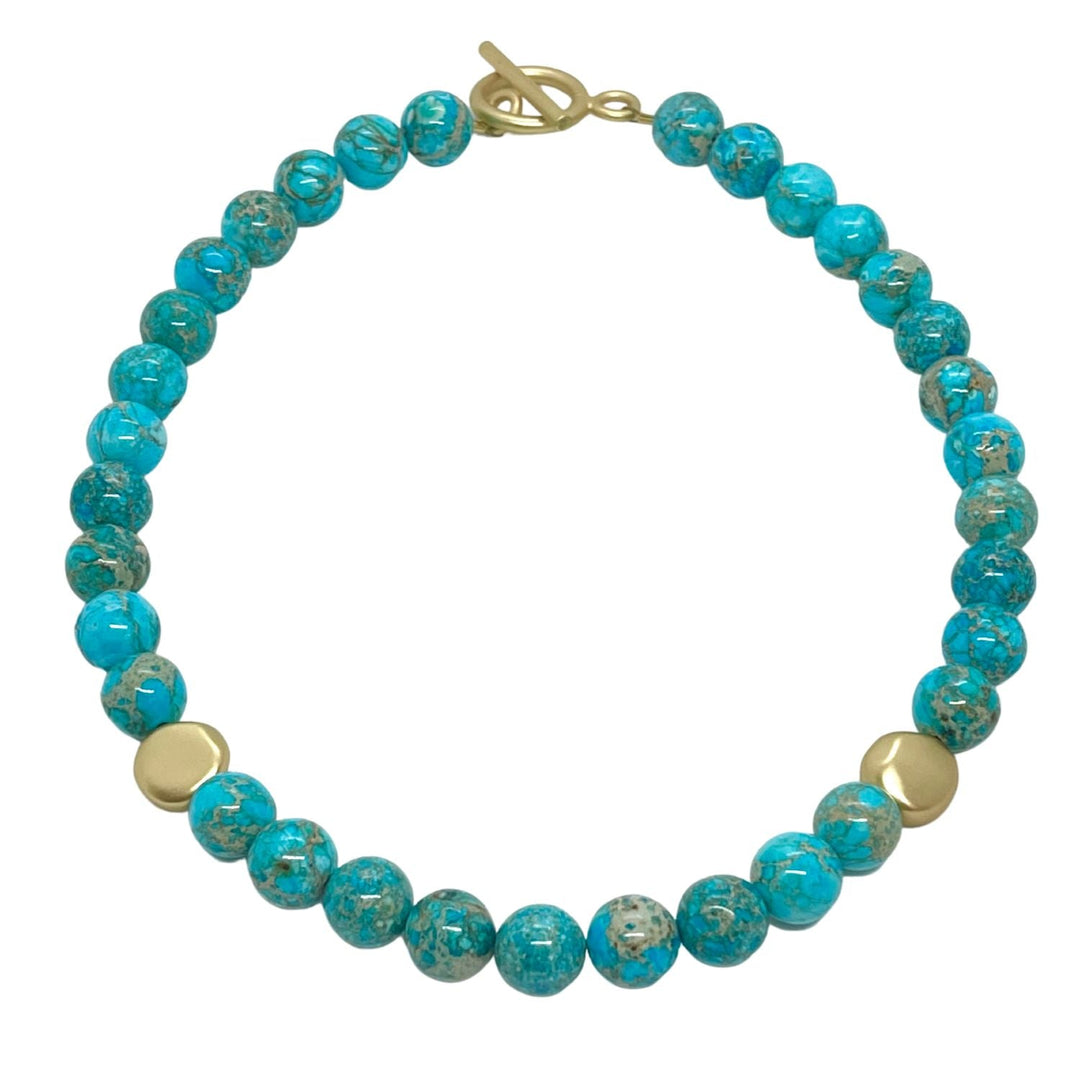 Turquoise Aqua Terra Jasper Beaded Necklace With Matte Gold Accents