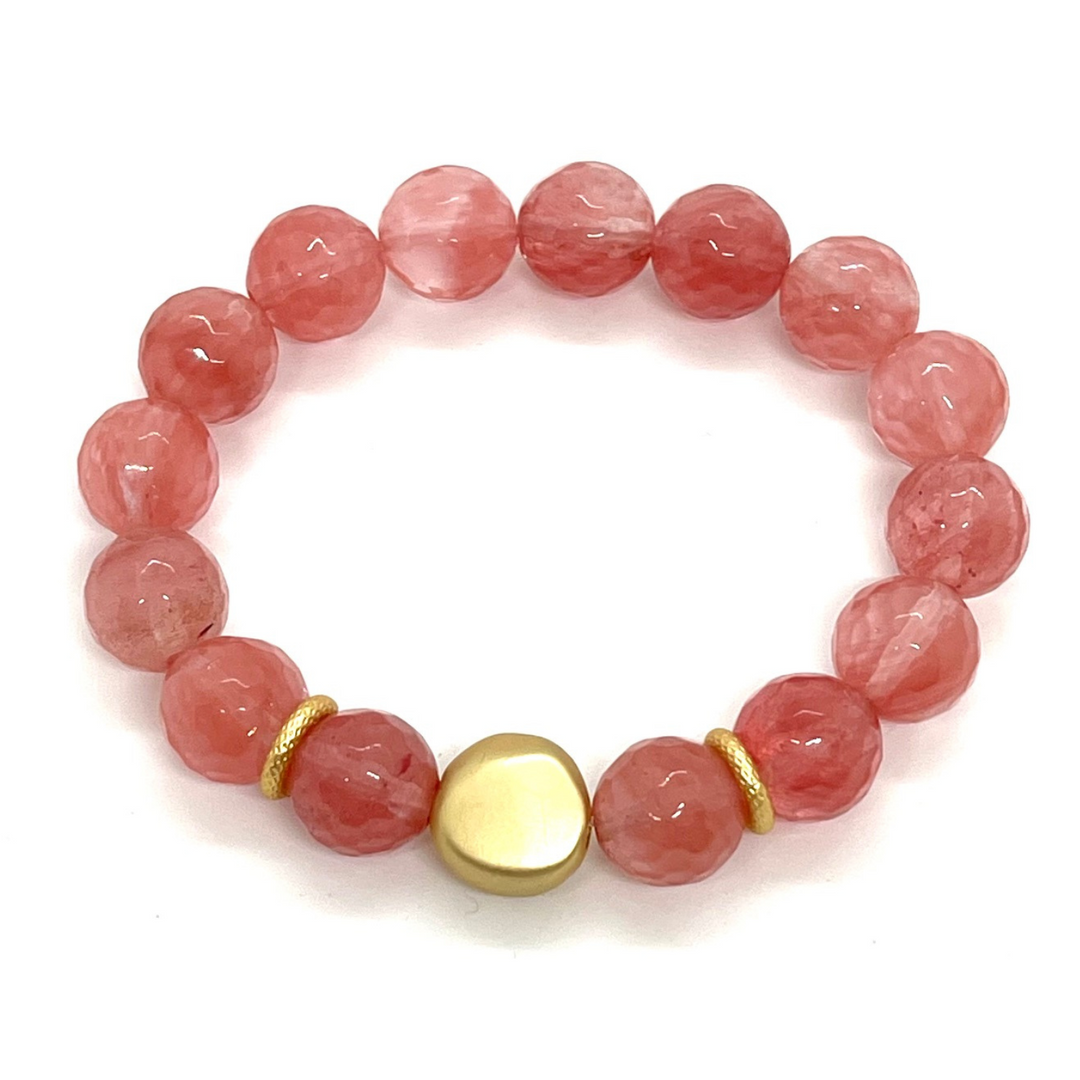 Watermelon Quartz with Matte Gold Nugget Stretch Bracelet