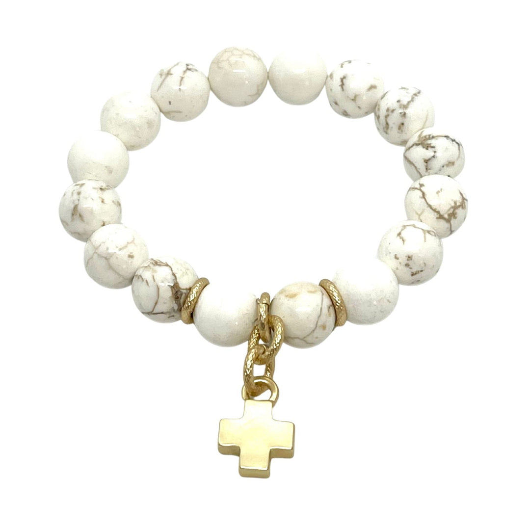 White Magnesite Stretch Bracelet With Matte Gold Cross