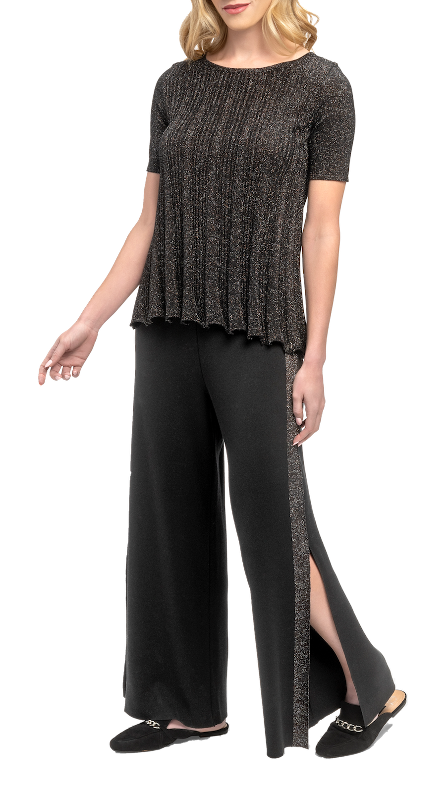 Tracey Wide Leg Milano-knit Pants with Shimmery Side Stripe and a Slit; Black/Black Shimmer