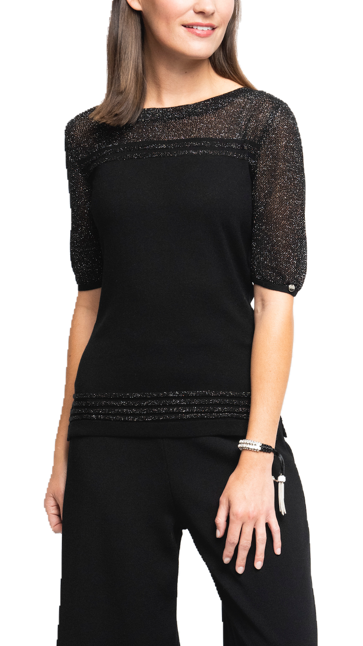 Bella Short Sleeved Top with See-Through Detail on Shoulders and Sleeves; Black/ Black Shimmer