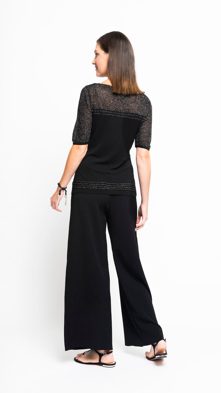 Bella Short Sleeved Top with See-Through Detail on Shoulders and Sleeves; Black/ Black Shimmer