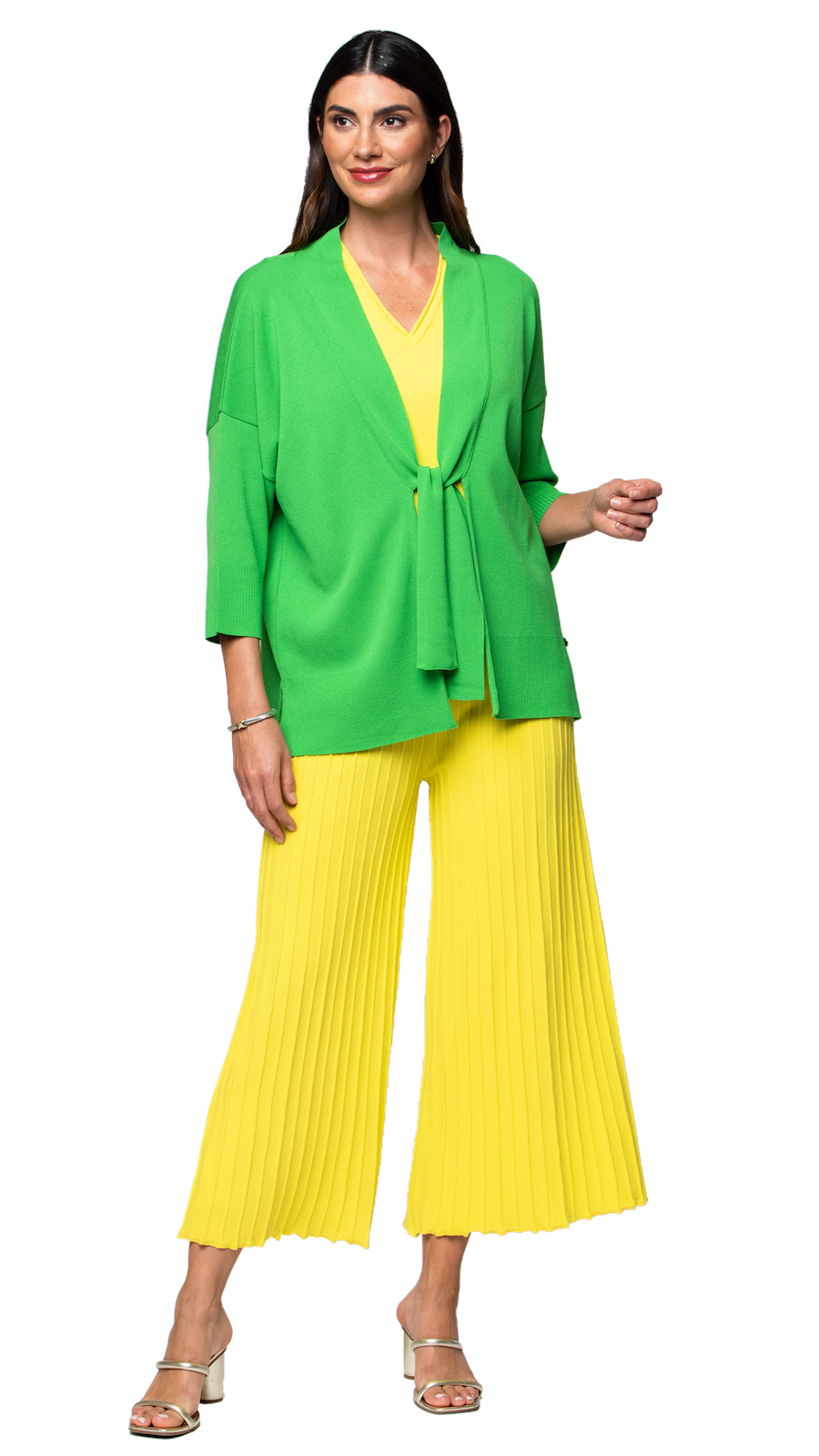 Giuliana Plisse-Look Cropped Wide Leg Pants; Lemon