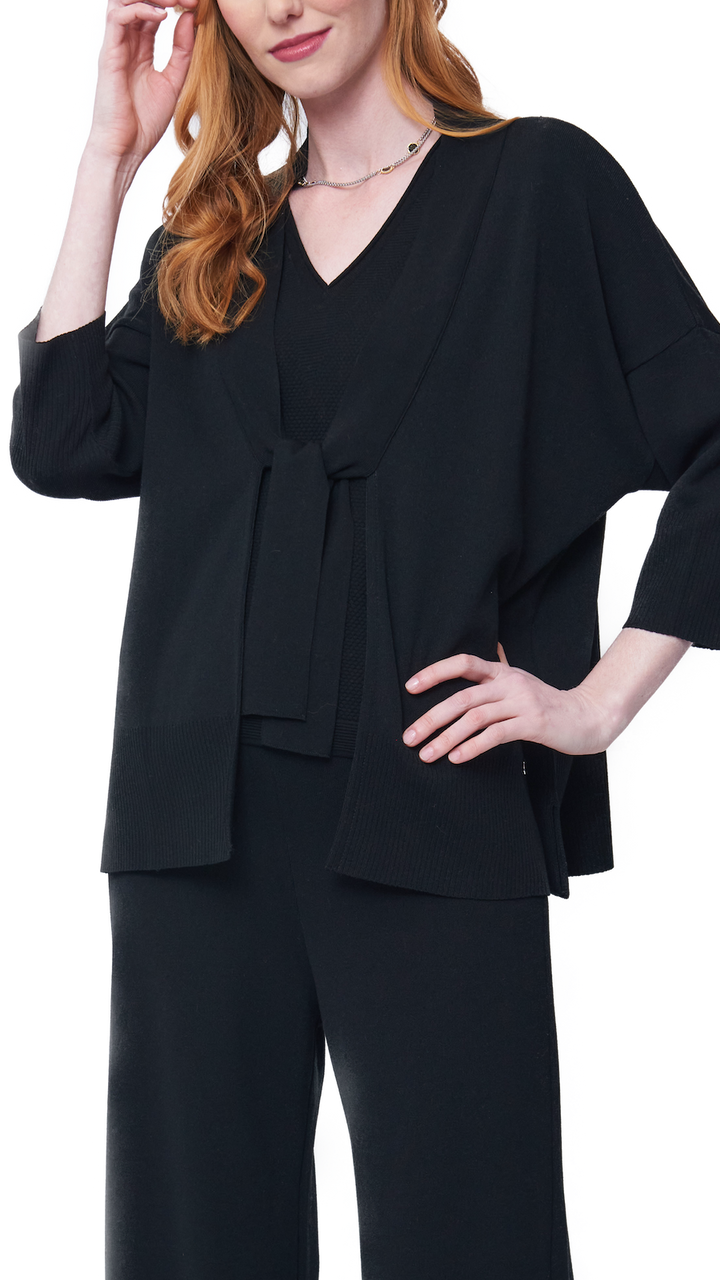 Malia Three-Quarter Sleeved Front-Tie Cardigan; Black