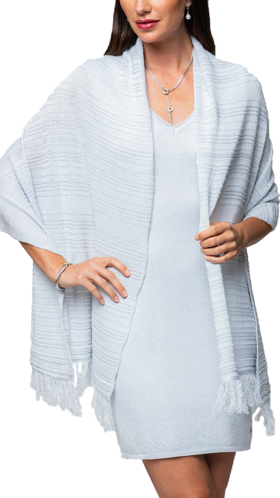Starry Shimmer Lace-Knit Wrap/Shawl; Silver White