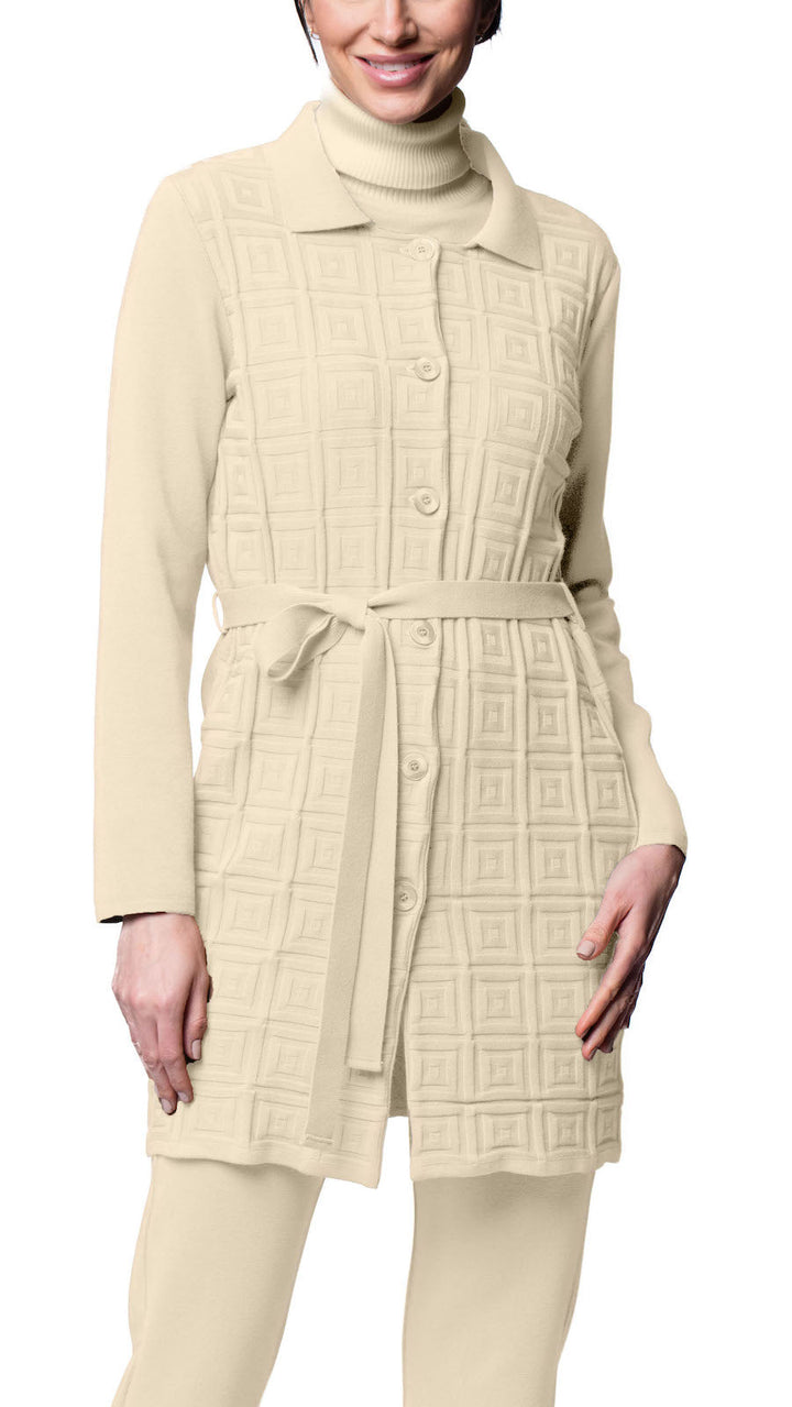 Sydney Square-Patern Knit Car Coat ; Warm Beige