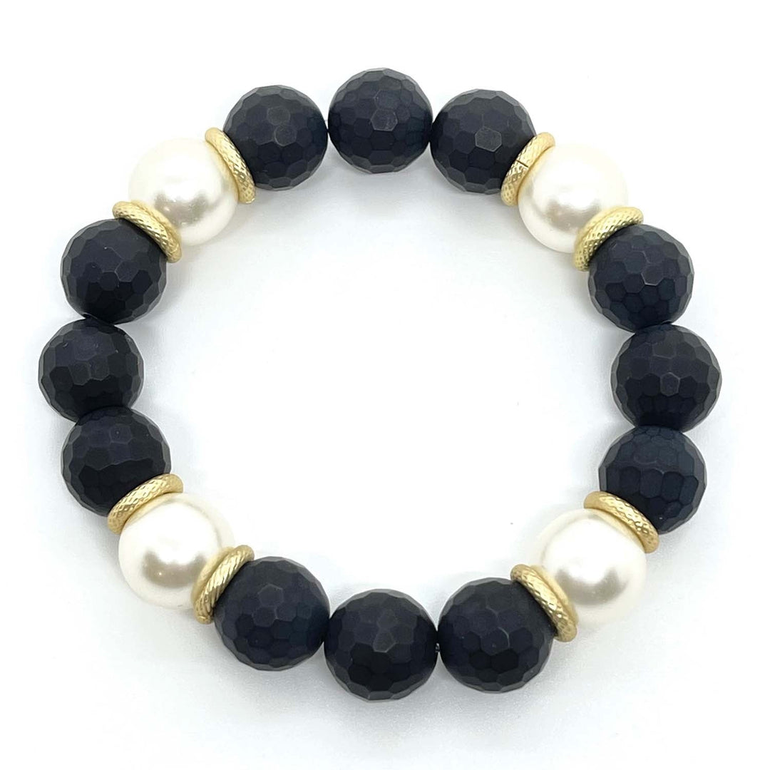 Onyx With Glass Pearl Matte Gold Cross Stretch Bracelet