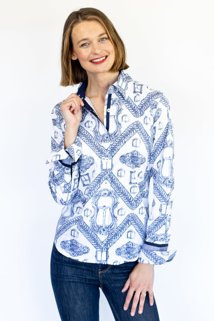 Rome Shirt Oversized Buckle Print Indigo and White