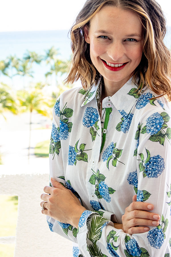 Rome Shirt with hydrangea print on white background