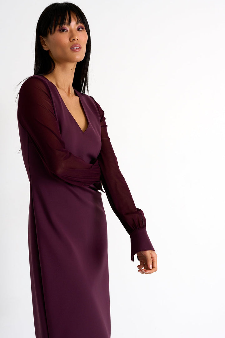 Sheer Sleeve Elegant Dress - 52367-75-400 02 / 400 Burgundy / 75% POLYAMIDE, 25% ELASTANE