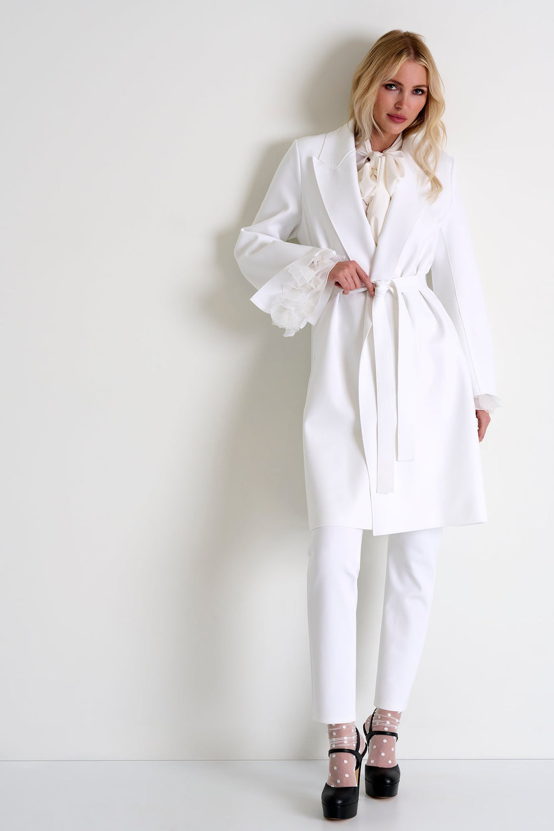 Long Coat With Tie Belt - 52467-80-000 02 / 000 White / 75% POLYAMIDE, 25% ELASTANE