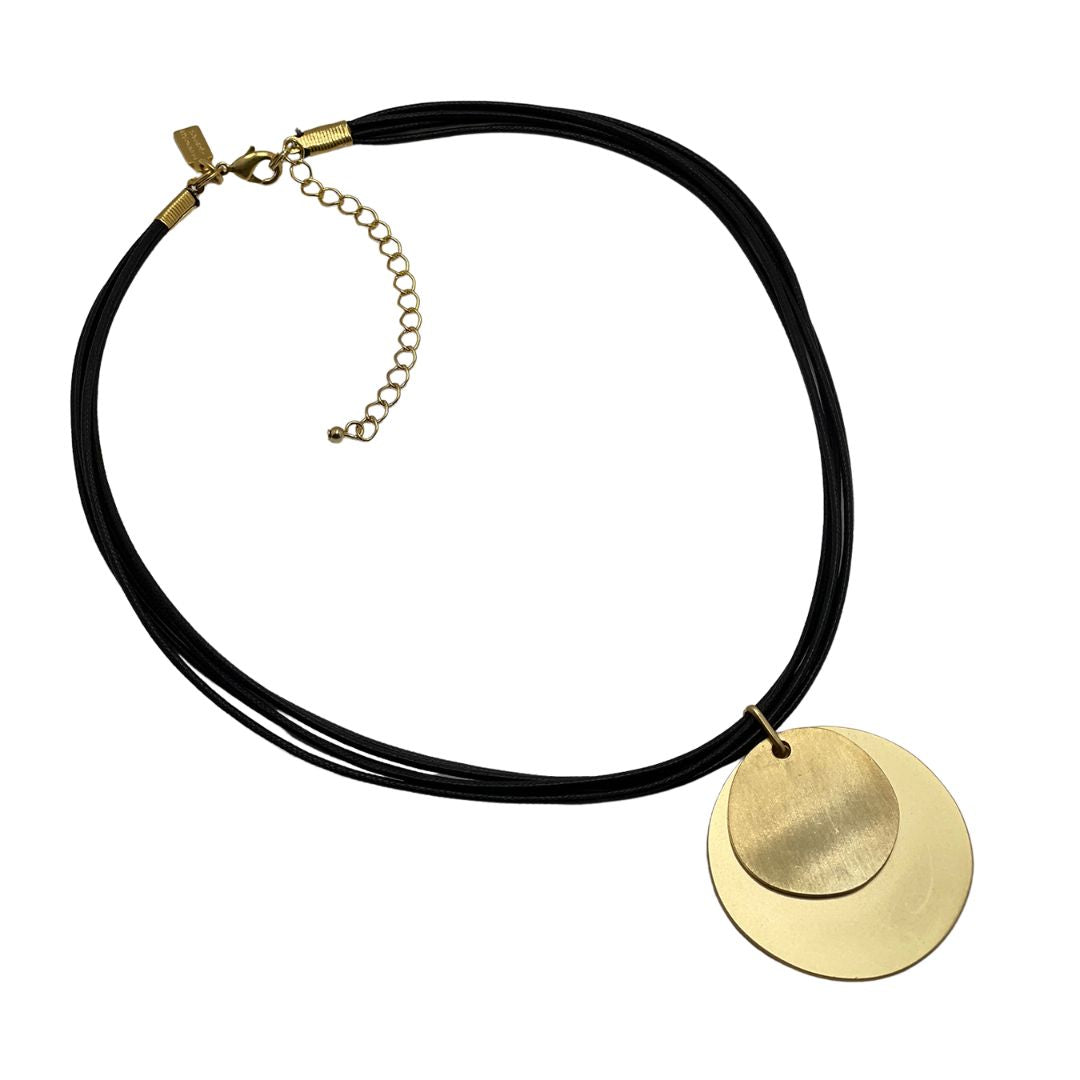 Matte Gold Double Disc Necklace On Bronze Waxed Linen