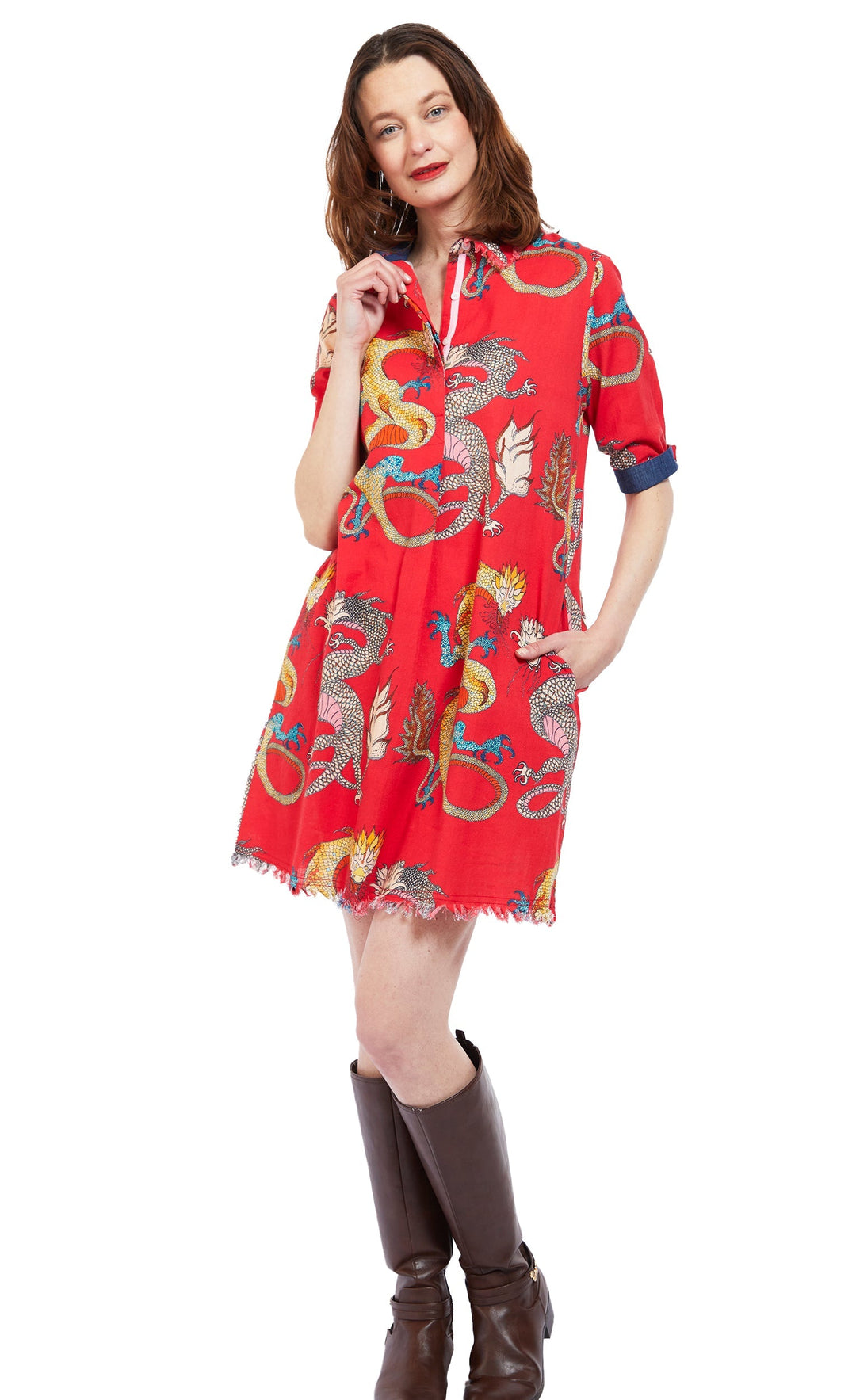 Chatham Dress Red Ground Dragon Print