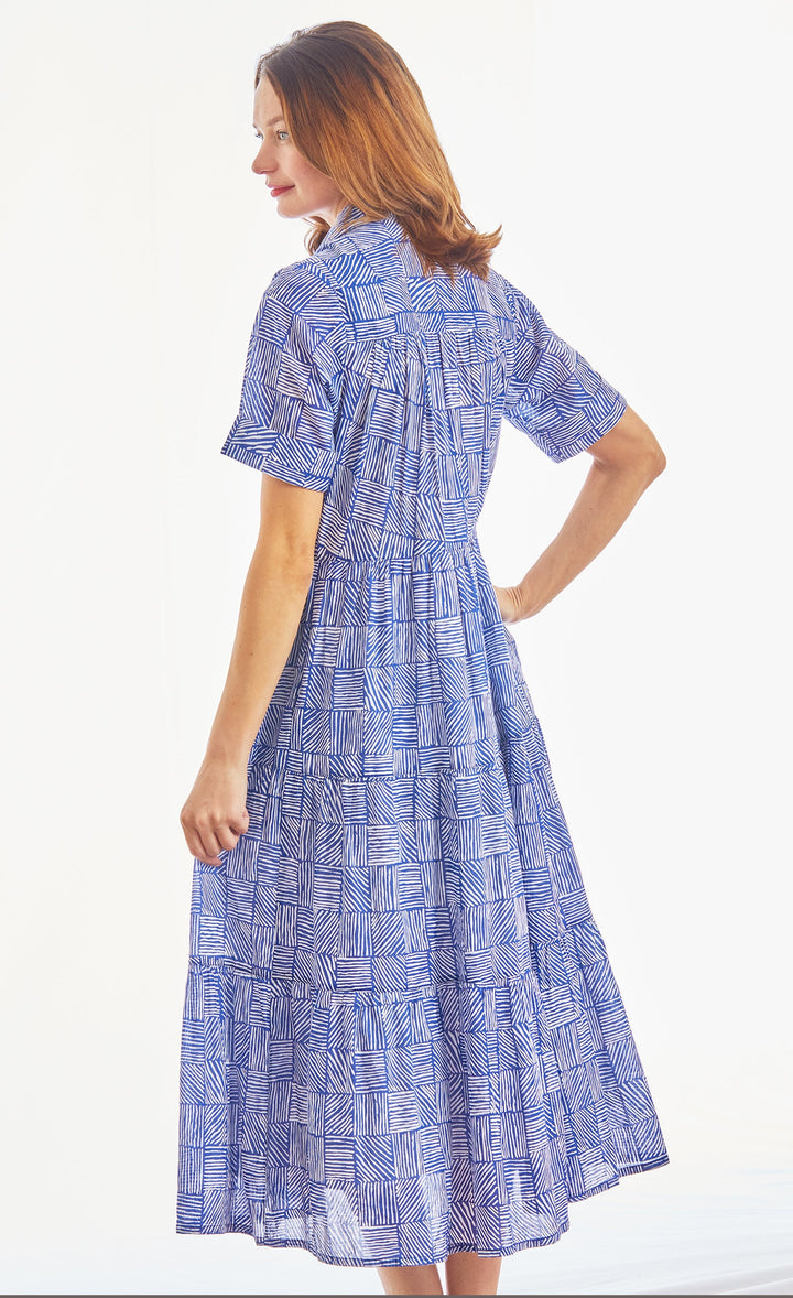 Palm Desert Long Dress, Cotton Voile Navy White Criss Cross Little Boxes