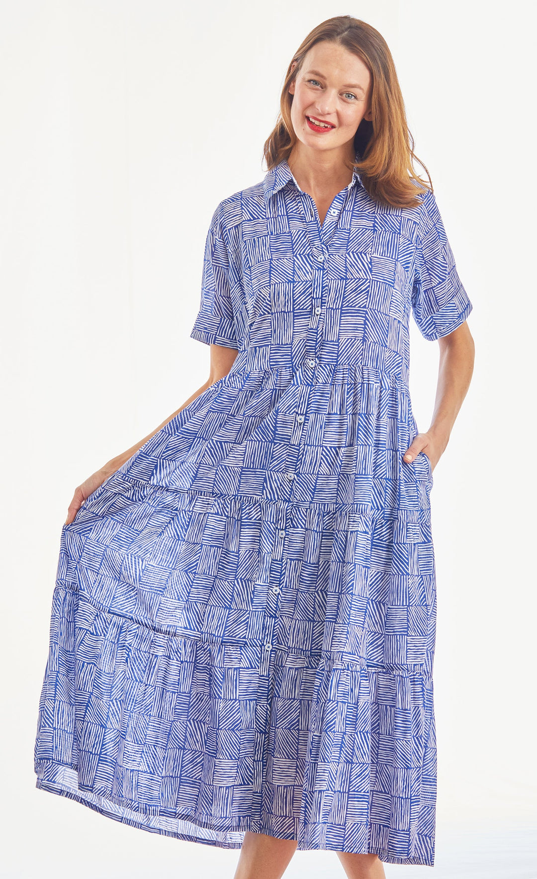 Palm Desert Long Dress, Cotton Voile Navy White Criss Cross Little Boxes