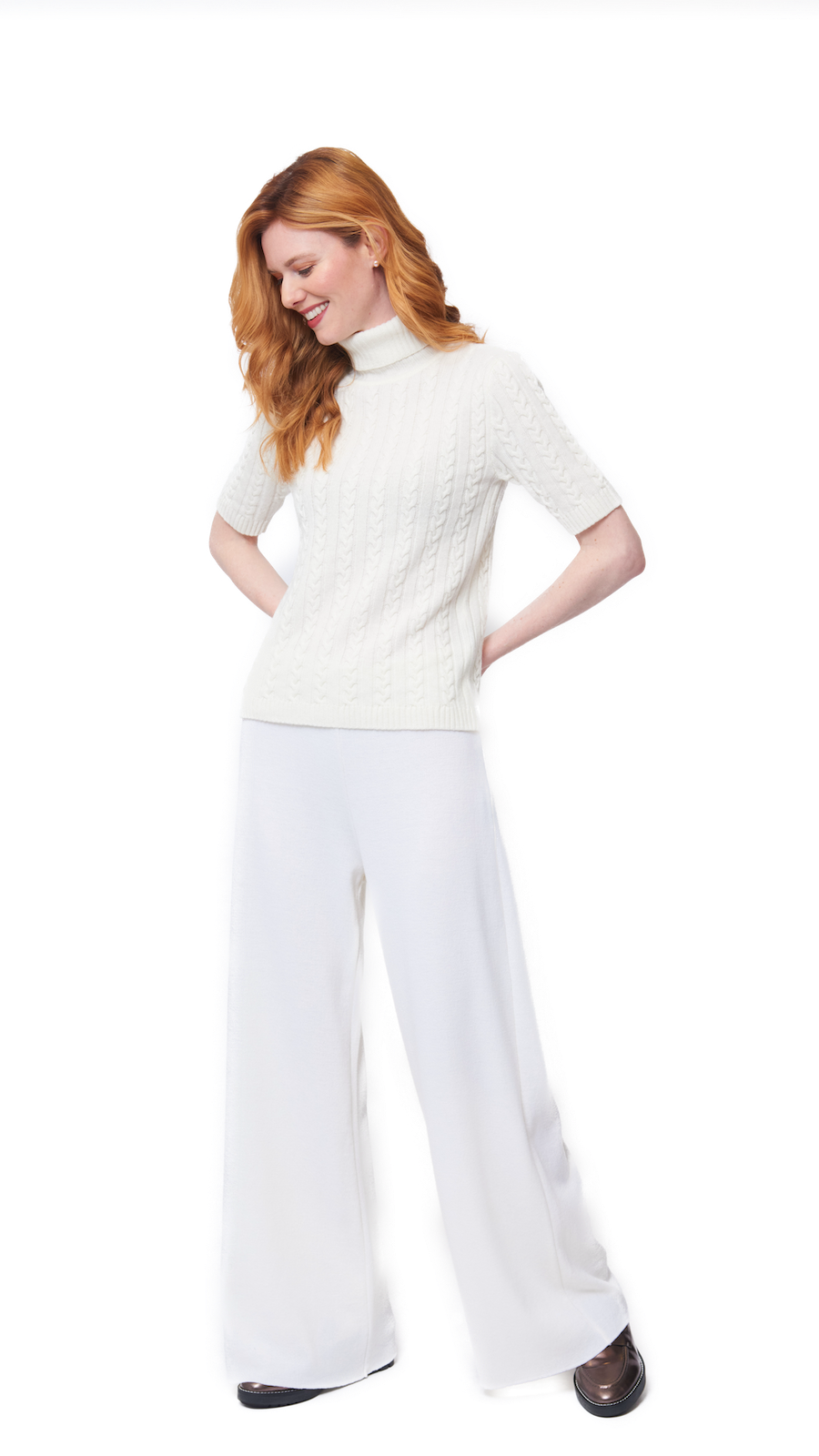 Lea Short Sleeved Cable-Knit Turtleneck, Winter White