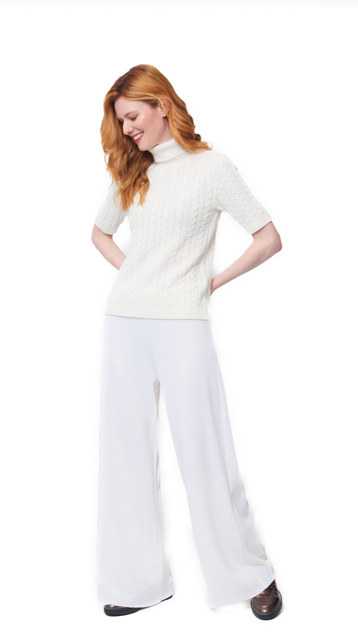 Lea Short Sleeved Cable-Knit Turtleneck, Winter White