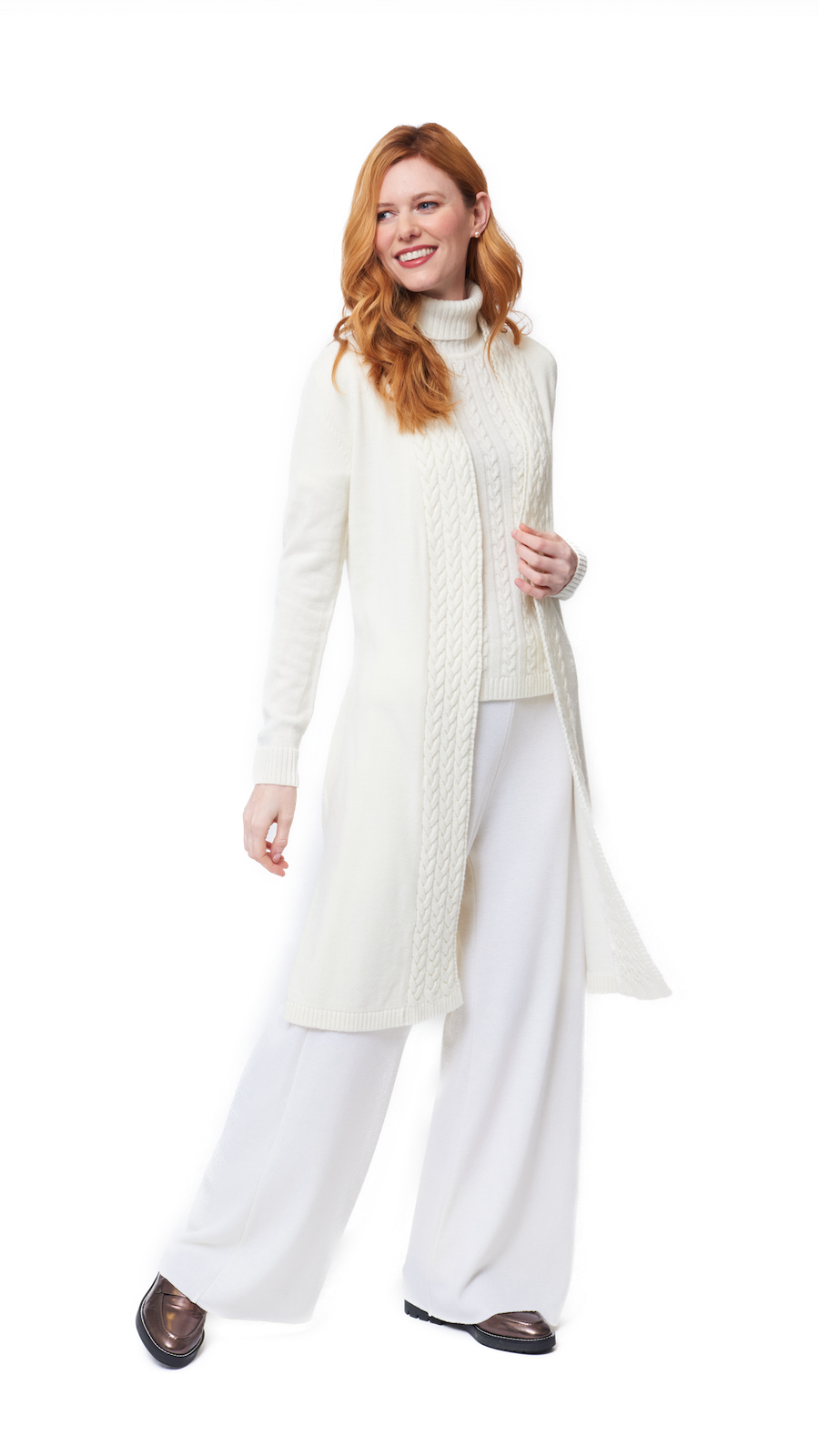 Leana Cable-Knit Belted Coat ; Winter White