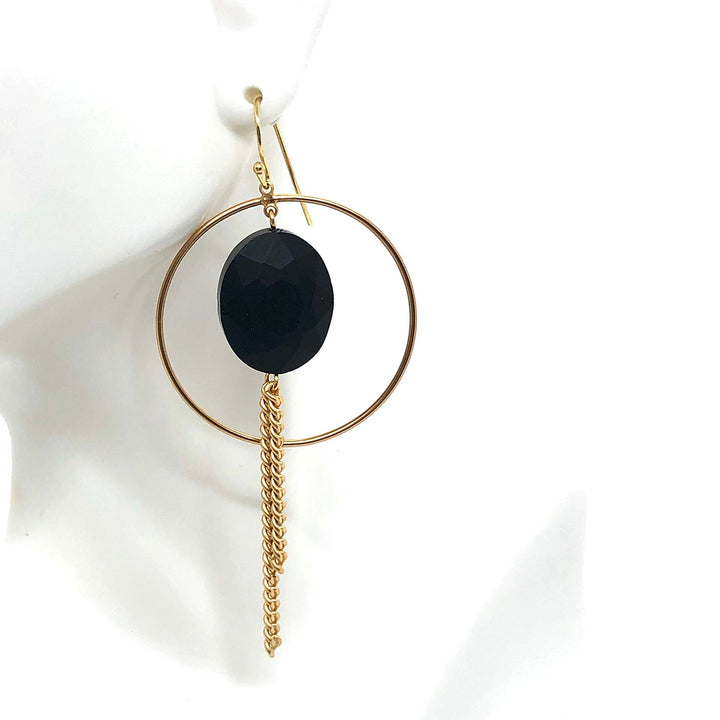 Matte Black Oval Crystal Gold Hoop Chain Fringe Earrings