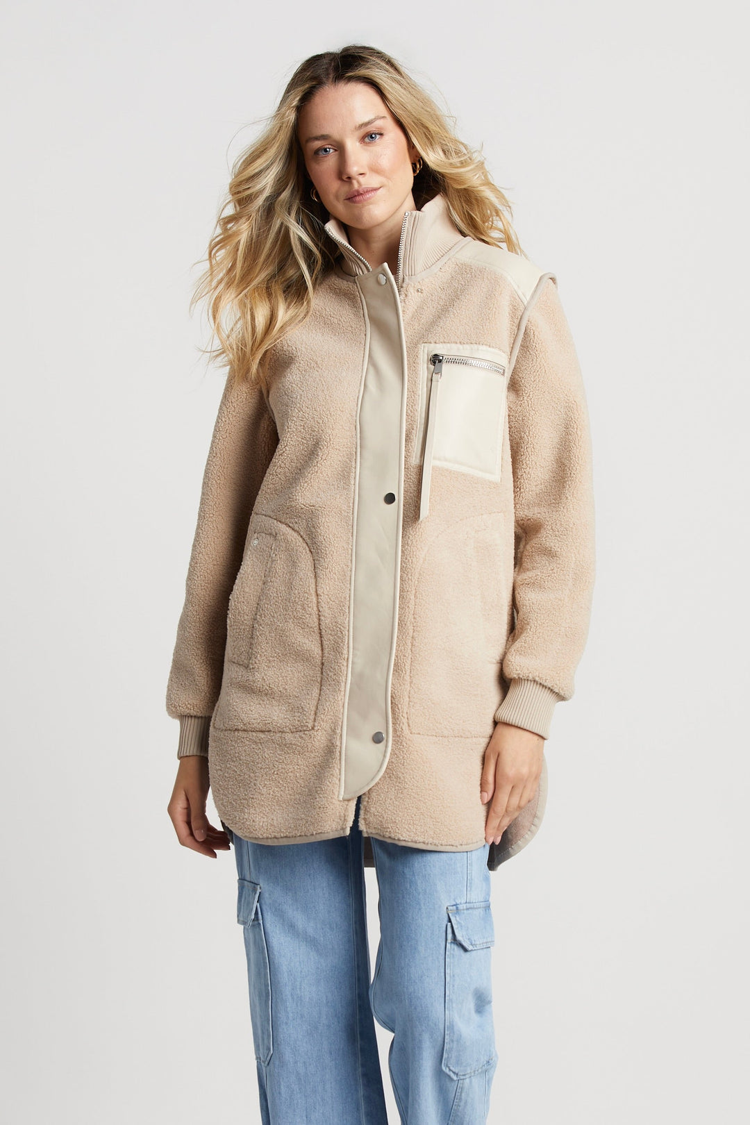 Audrey Faux Shearling Coat w/ Vegan Leather Trim & Side Zippers