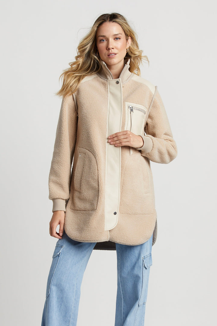 Audrey Faux Shearling Coat w/ Vegan Leather Trim & Side Zippers