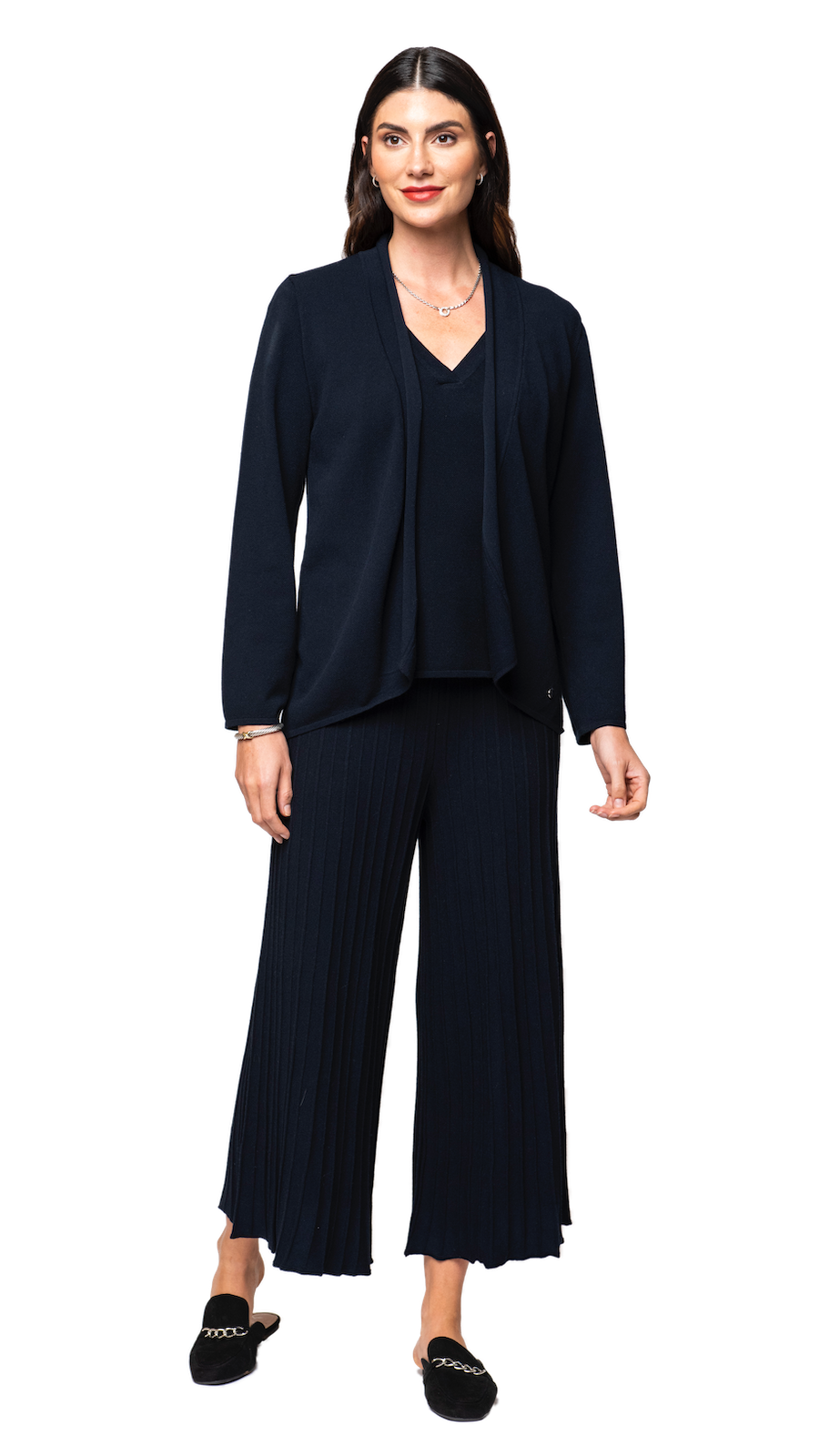 Giuliana Plisse-Look Cropped Wide Leg Pants; Dark navy