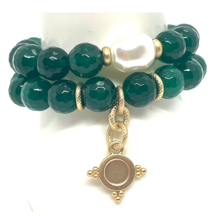 Green Jade Stretch Bracelet With Matte Gold Starburst Charm