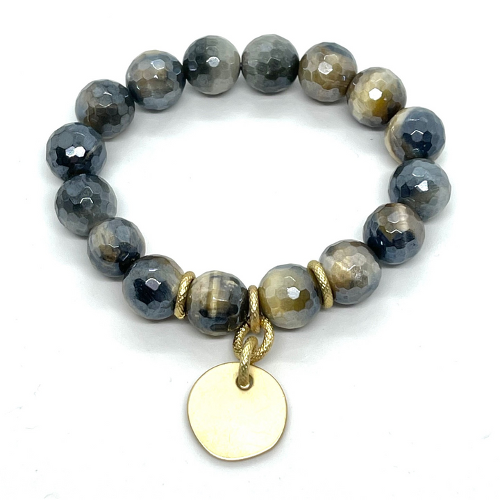 Blue Cream Tigers Eye Stretch Bracelet With Matte Gold Charm