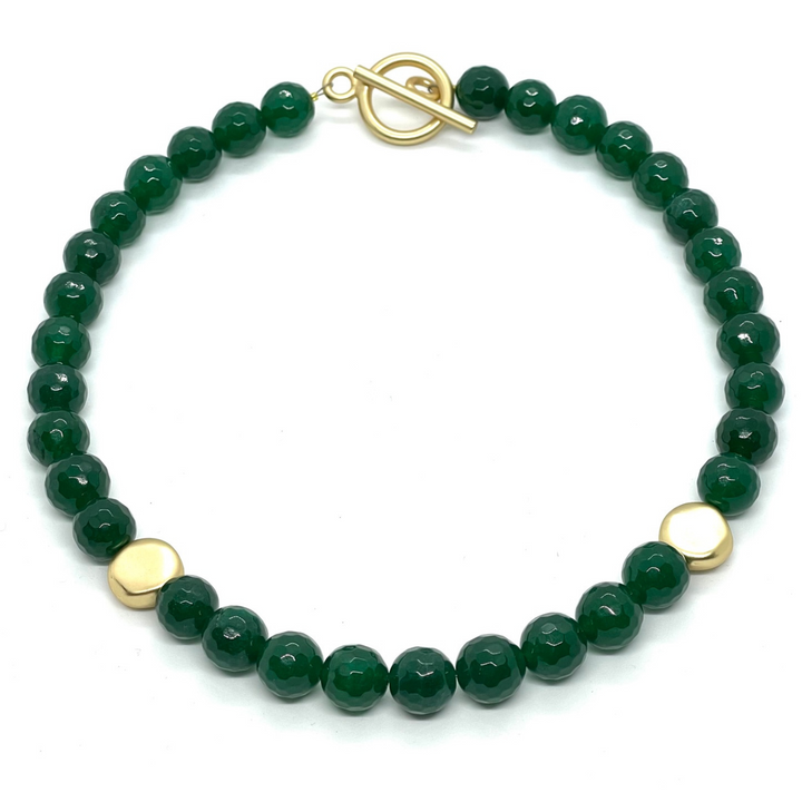 Green Jade With Matte Gold Flat Bead Necklace