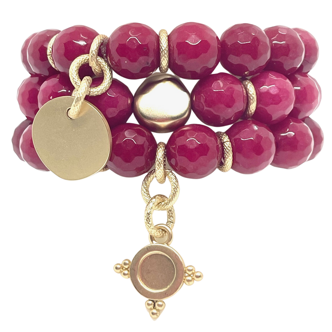 Red Jade Stretch Bracelet With Matte Gold Nugget