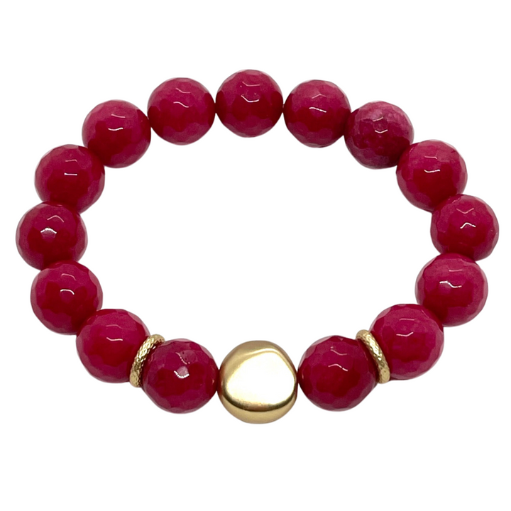 Red Jade Stretch Bracelet With Matte Gold Nugget