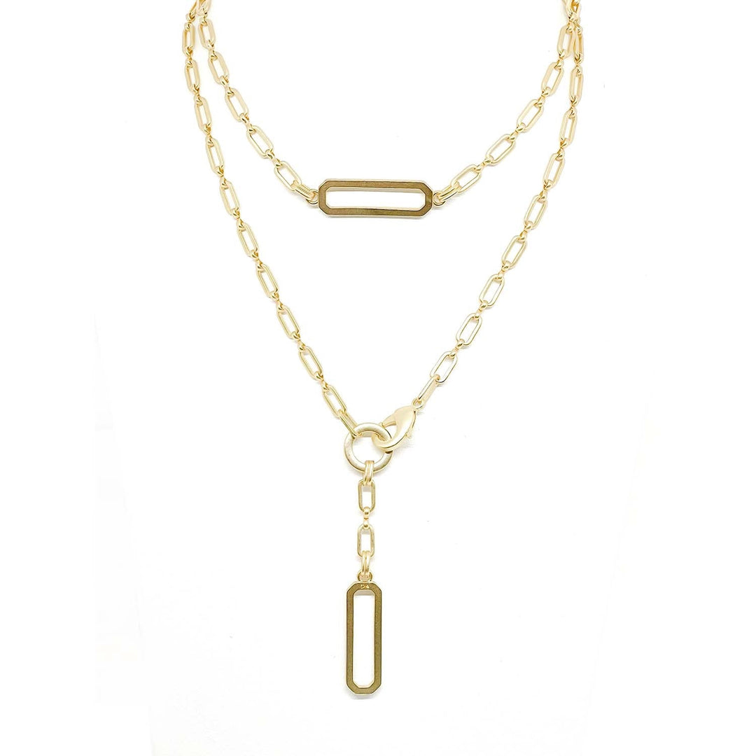 Matte Gold Paperclip Chain Y Necklace With Bar Pendant