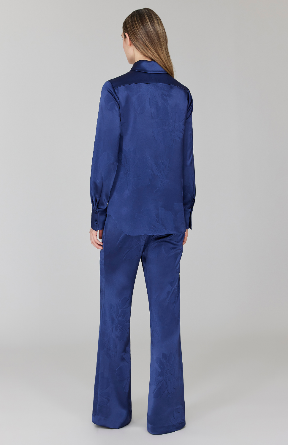 PREORDER Embossed Floral Satin Flare Pant w/ Back Zip