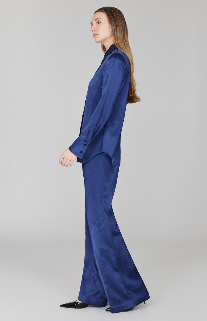 PREORDER Embossed Floral Satin Flare Pant w/ Back Zip