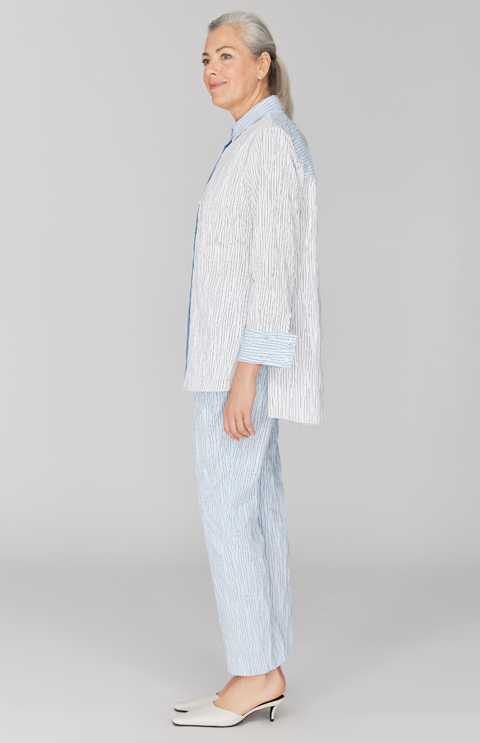 Tucked Pinstripe Collared Button Down w/ Side Tabs