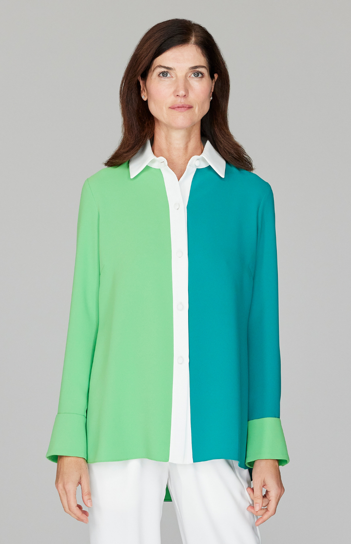 Color Block Lustrous Crepe Back Overlap Shirt