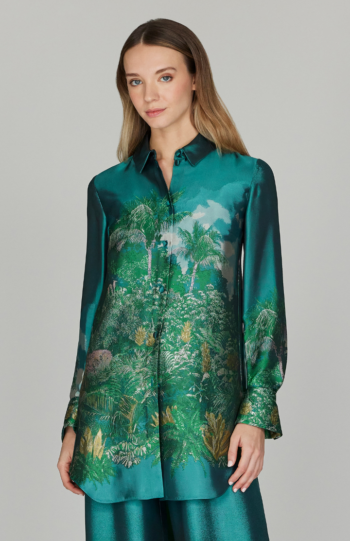 PREORDER Rainforest Jacquard Long Button Down Shirt w/ Side Slits