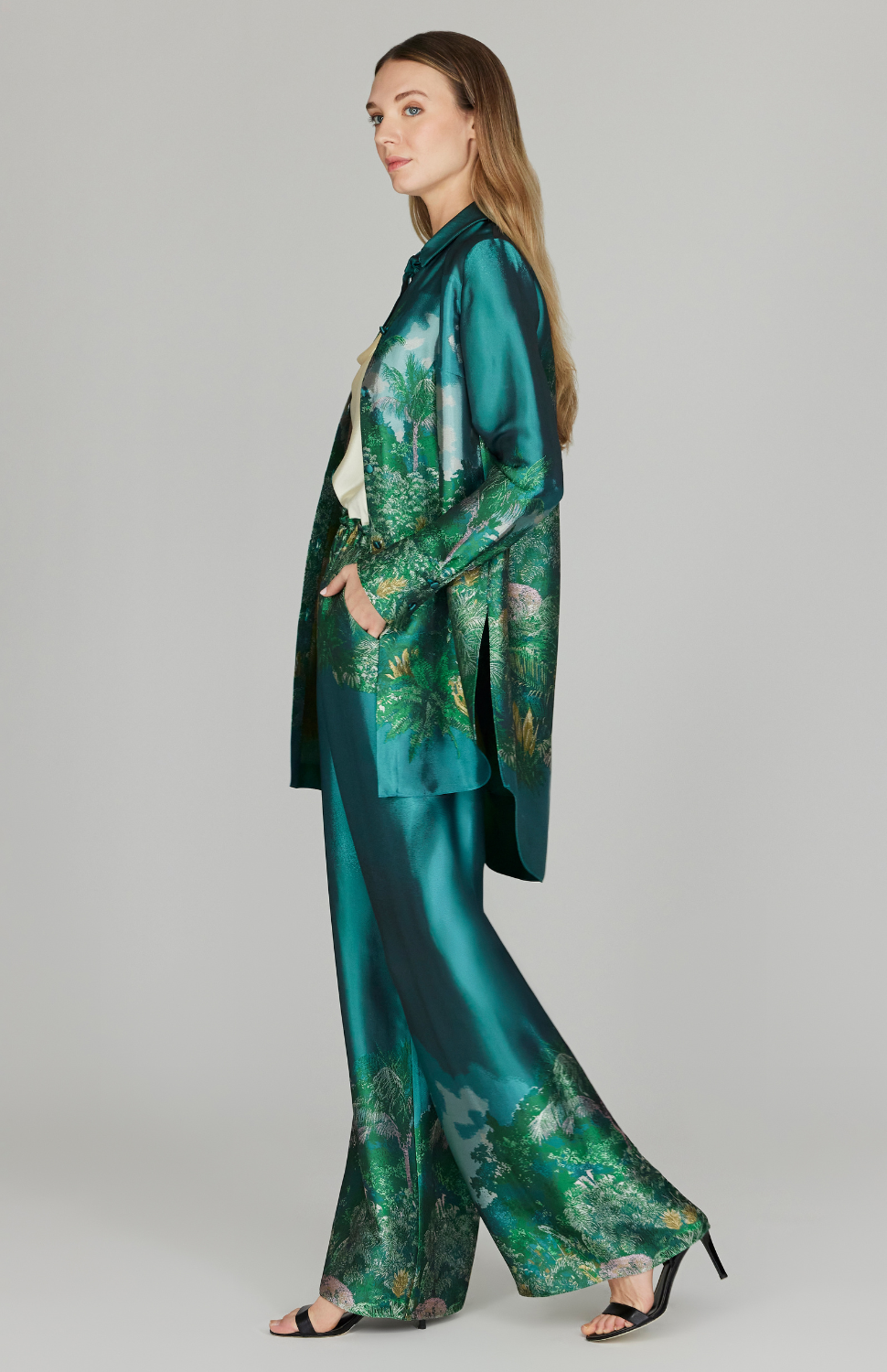 PREORDER Rainforest Jacquard Long Button Down Shirt w/ Side Slits