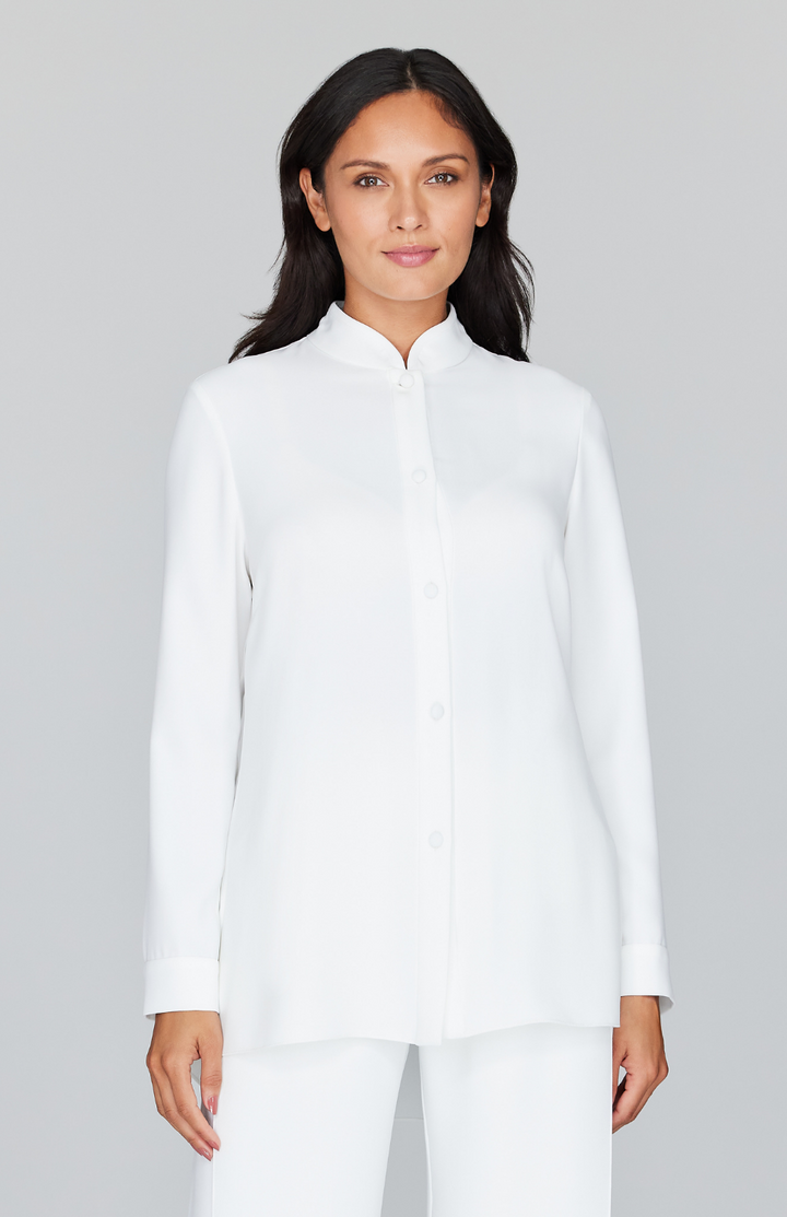 Lustrous Crepe Mandarin Collar Blouse w/ Bias