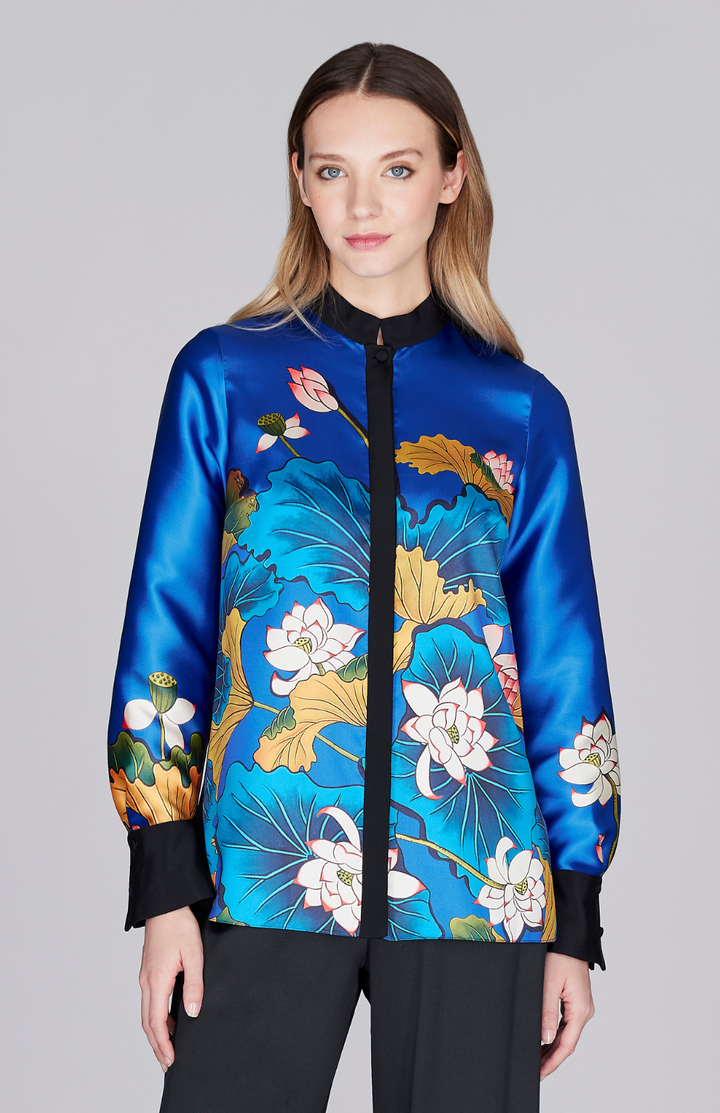 Lotus Print Mandarin Collar Blouse w/ Relaxed Sleeve